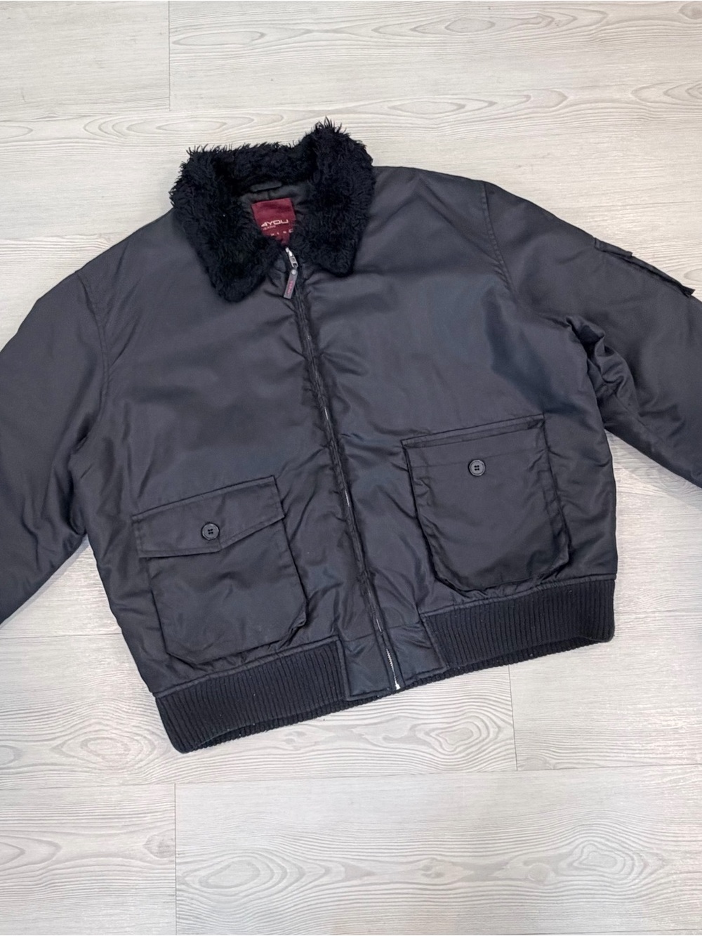 Men's Black Faux-Fur Collar Bomber Jacket